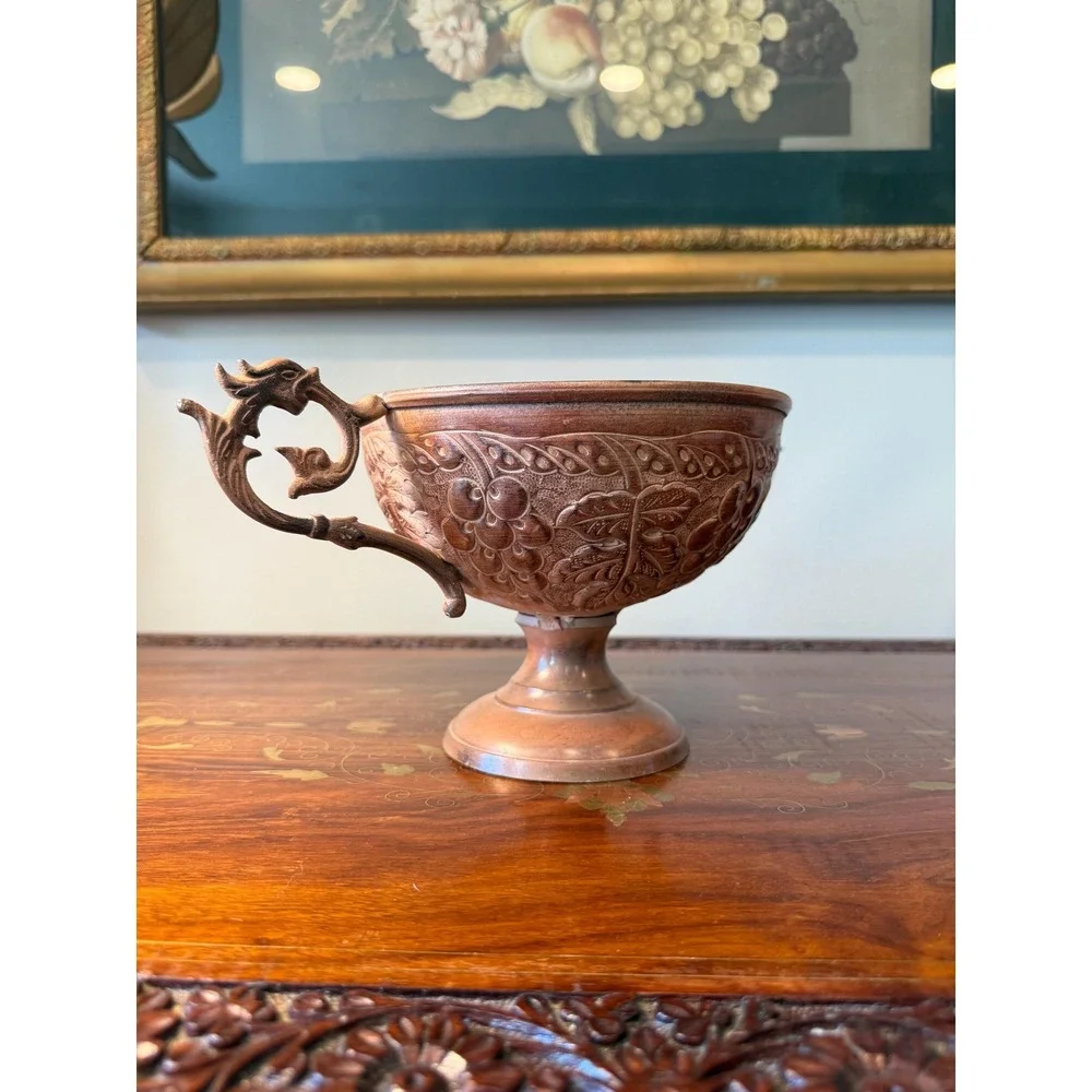 Vintage Copper-Tone Pedestal‎ Bowl with Dragon Handles